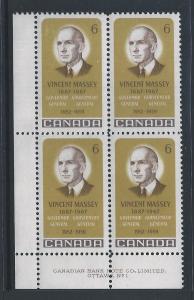 Canada #491 LL Plate Block Vincent Massey 6