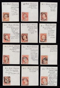 US #11/11A Group of 12 stamps -   3c Washington  (USED) cv$180.00