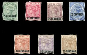 Gibraltar #22-28 Cat$262.50, 1889 Spanish Currency, complete set, hinged