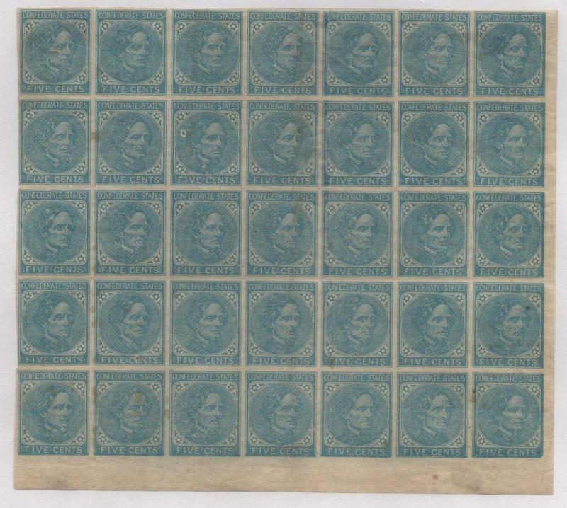 ~ CSA Scott #7 Block of 35 Error Ink Spot Mint OG Confederate Stamps Beauty ~