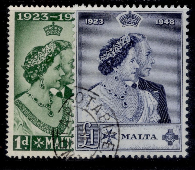 MALTA GVI SG249-250, 1949 ROYAL SILVER WEDDING set, FINE USED. Cat £45.