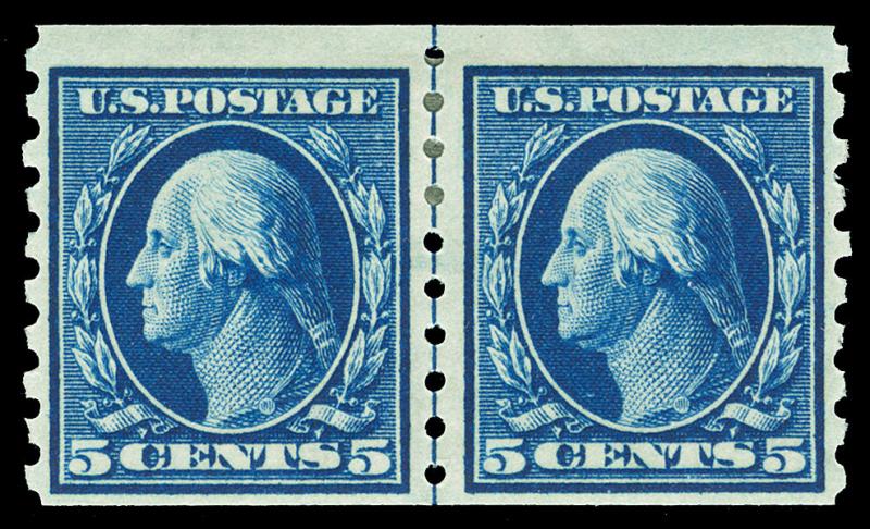 Scott 396 1913 5c Washington Perforated 8½ Mint Coil Line Pair F-VF HR Cat $425 