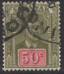 SARAWAK SG89 1928 50c OLIVE-GREEN & CARMINE FINE USED