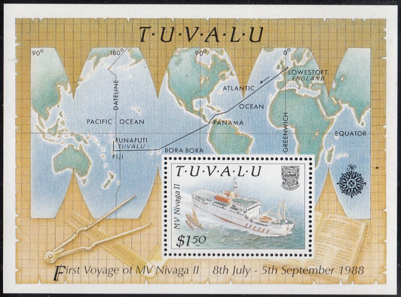 Tuvalu 1989 MNH Sc #528 Souvenir sheet $1.50 MV Nivaga II First Voyage
