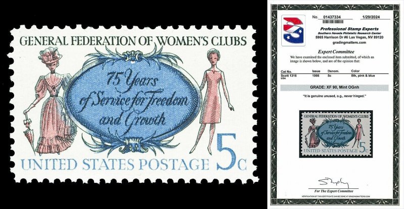 Scott 1316 1966 5c Women's Clubs Issue Mint Graded XF 90 NH with PSE CERT