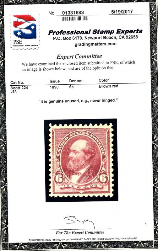 224 Mint,OG,NH... PSE Cert... SCV $190.00