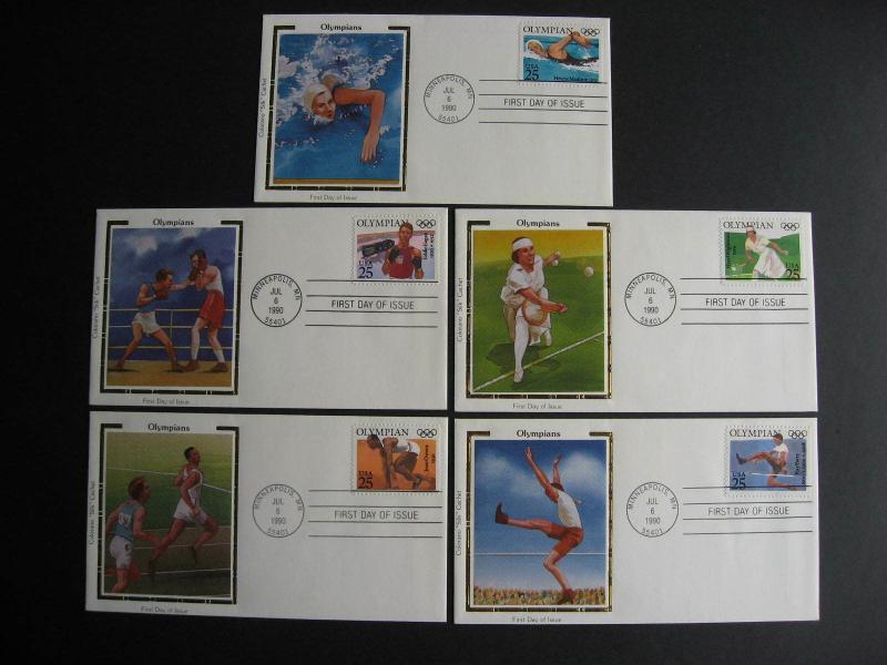 USA Sc 2496-500 Olympians 5 Colorano silk FDC first day covers, nice group!