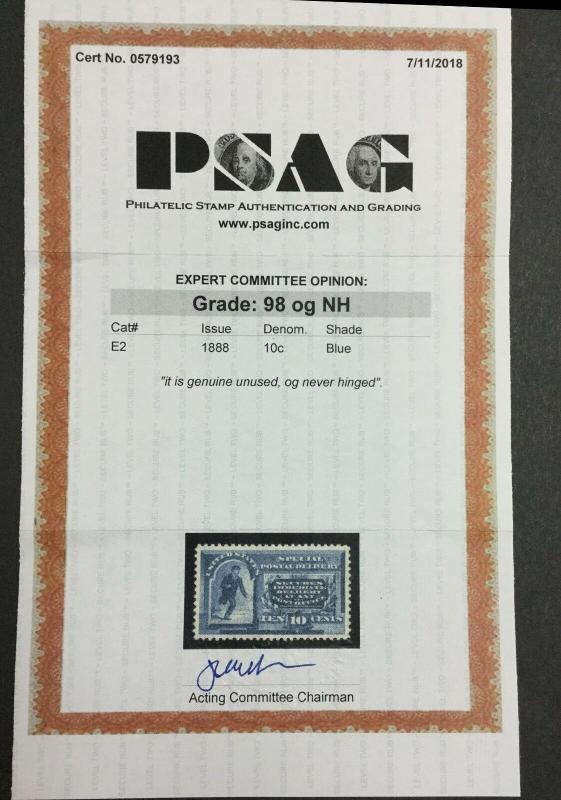 MOMEN: US STAMPS #E2 SPECIAL DELIVERY MINT OG NH PSAG GRADED CERT SUP-98