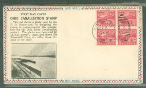 US 681 1929 2c Ohio River Canalization (block of four) on an unaddressed first day cover with an Evansville in cancel with a Roe