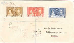 SEYCHELLES # 122-124 registered cover 25 Nov. 1937 - Coronation
