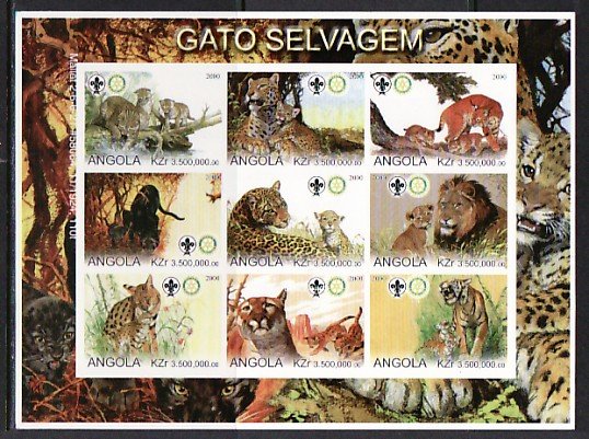 Angola, 2000 Cinderella issue. Wild Cats, IMPERF sheet. Rotary & Scout logos. ^