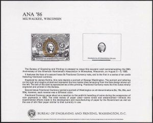 1986 BEP 95th Anniversary of ANA Milwaukee Wisconsin SCCS B-94 NSC31