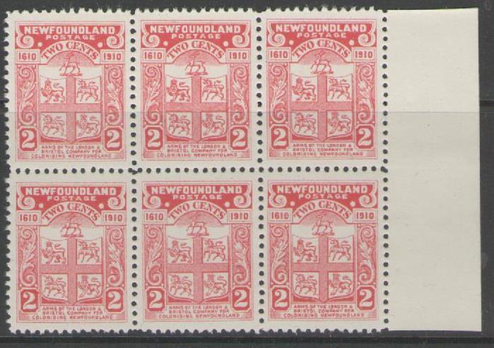 NEWFOUNDLAND SG96 1910 2c ROSE-CARMINE MNH BLOCK OF 6