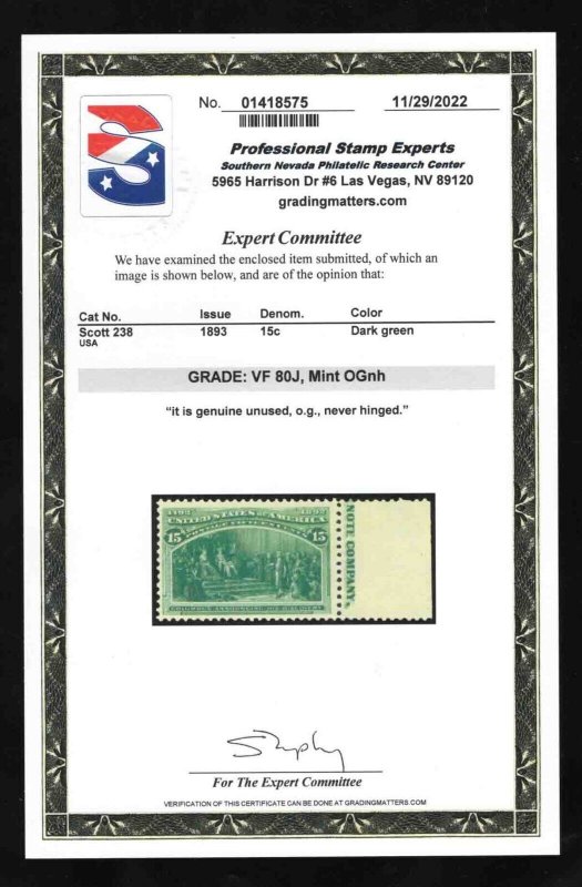 MOMEN: US STAMPS #238 MINT OG NH PSE GRADED CERT VF-80J LOT #79288