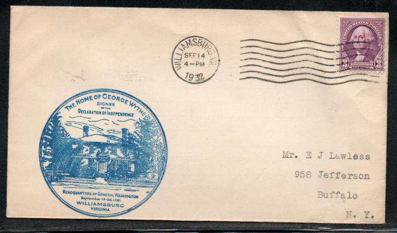 US Williamsburg VA Revolutionary War Cachet 1932 A275 