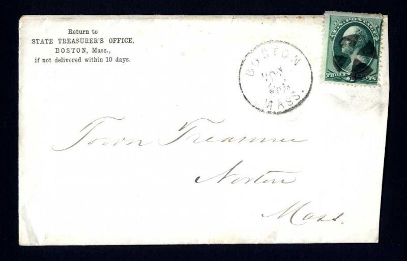 # 158 cover State Treasurer's Office, Boston, MA to Norton, MA - 1-24-1870s