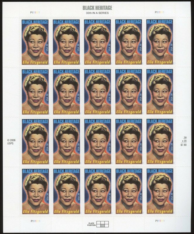 US 4120 - MNH.  Ella Fitzgerald -  Pane of 20 - 39¢ stamps.  2021 SCV $16.00