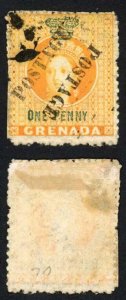 Grenada 1883 SG29a 1d orange Opt Postage Type 12 diagonally Unsevered Pair