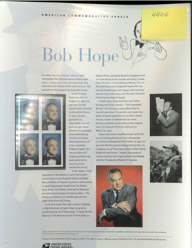 USPS COMMEMORATIVE PANEL #836 BOB HOPE #4406