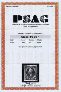 SC# 261A UNUSED ORIGINAL GUM HINGED $1 PERRY, 1895, 2019 PSAG CERT GRADED XF 90