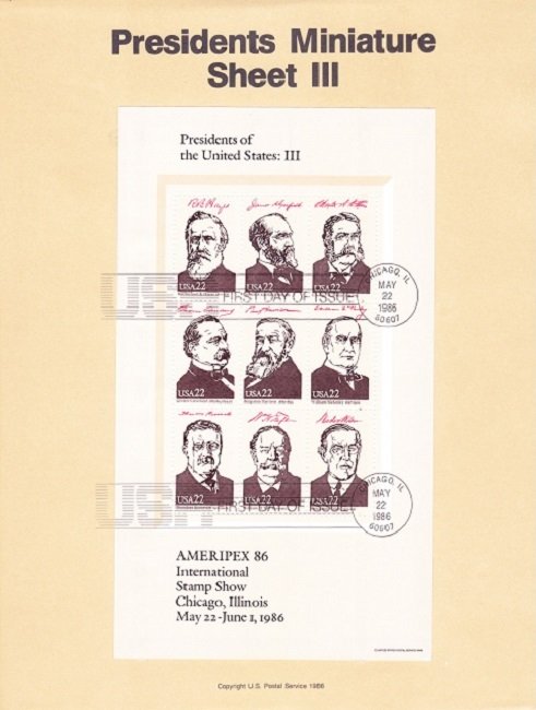 US SP748 - SP751 set of 4 AMERIPEX Presidents Souvenir Pages #2216 - 2219