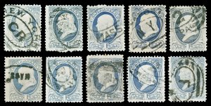 Scott 206 1c Gray Blue Franklin 10 Copies with Various Cancels