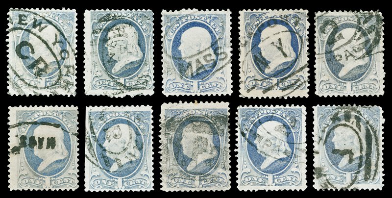 Scott 206 1c Gray Blue Franklin 10 Copies with Various Cancels