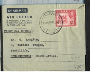 FIJI ISLANDS COVER (P2911B) 1948 FORMULA AEROGRAM KGVI 8D FDC TO SOUTH AFRICA NO 