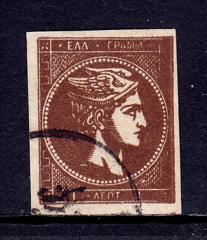 GREECE — SCOTT 43b — 1875 BLK. BROWN ON YELL. HERMES HEAD — USED, VF — SCV $160