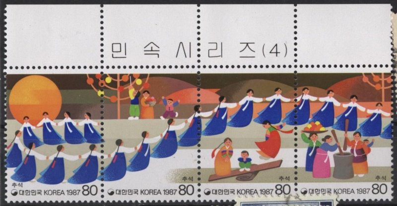 Korea 1487 (mnh strip of 4) Harvest Moon dance (1987)