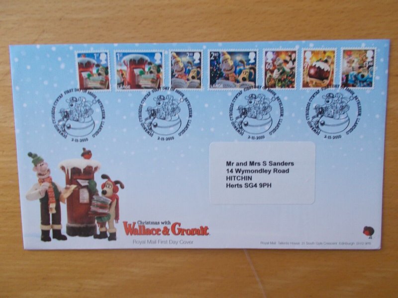 2010 Christmas Wallace & Gromit Set of 7 on First Day Cover with Bethlehem S/H/S