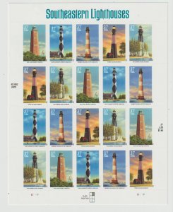 US Scott # 3787-3791 - 37c South East Lighthouses Sheet of 20 Stamps - M1LH Mark