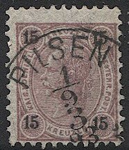 AUSTRIA 1890  Sc 57  15kr  Used VF PILSEN 1893 Czech postmark/cancel