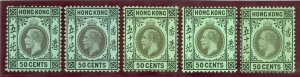 SG 111, 111a, 111b, 111c & 111d Hong Kong 1912-21. 50c set of shades. Fresh...