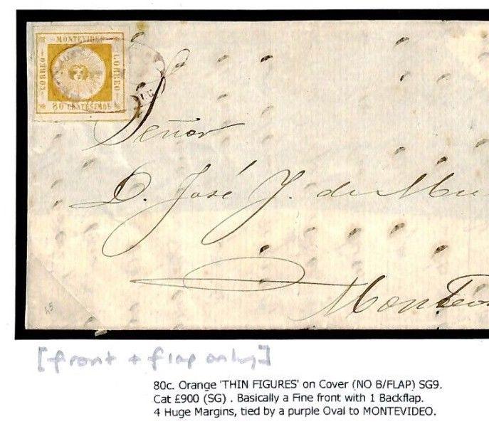 Uruguay CLASSIC *El Sol* SUN ISSUE 1859 80c Orange Part Cover SG.9 cat £900 F13c