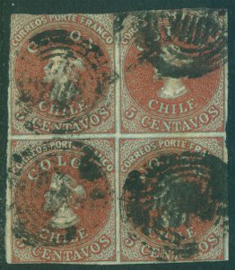 CHILE 1855 COLUMBUS 2d London(Perkins Bacon)5c ivory head Sc#8b  F/VF BLOCK OF 4