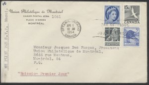 1954 #335-6 341 343 Wildlife + 5c Wilding FDC Union Philatelique Montreal CC