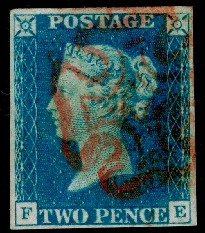 SG5, 2d blue PLATE 1, FINE USED. Cat £850. RED MX. 4 MARGINS & CERT. FE