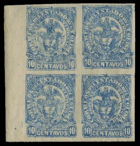 Colombia, Colombian States - Tolima #48a, 1886 10c blue, imperf. block of fou...