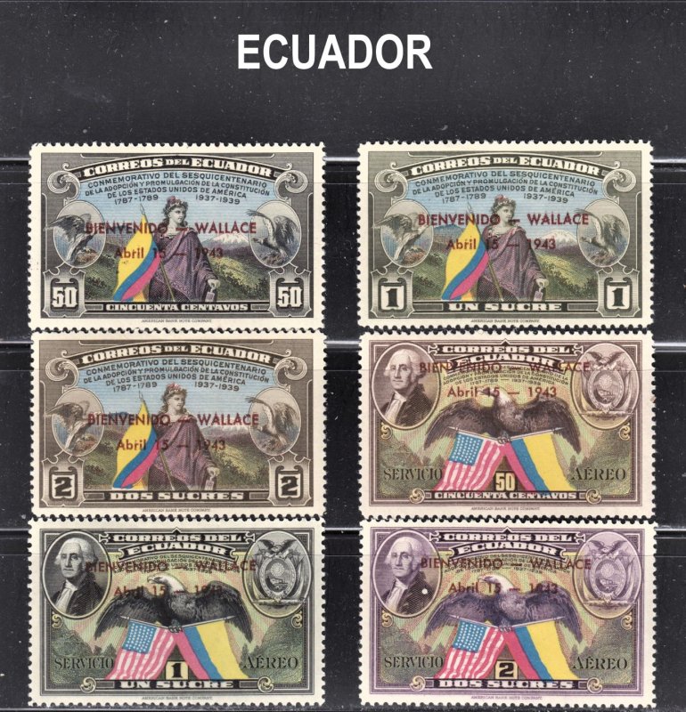 Ecuador Scott 413-15, C102-04 complete set F to VF mint OG H, HR or HHR.