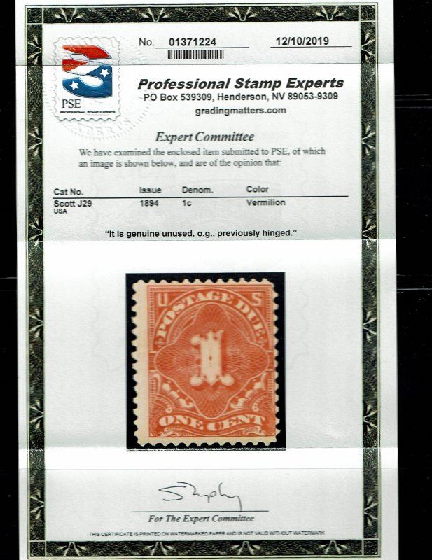 Scott #J29 Fine-OG-VLH. With 2019 PSE certificate. SCV - $2,250.00.