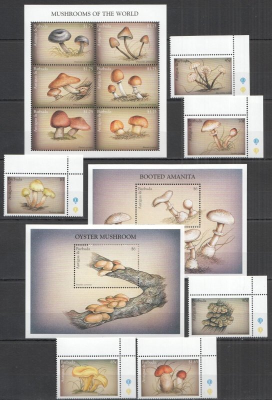 K1517 Antigua & Barbuda Flora Mushrooms #2551-6 Michel 25,3 Euro Set+Kb+2Bl Mnh