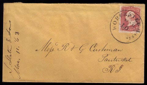 US Scott #65 Worcester Mass Rose Shade Postal Cover Very Good Condition  1863