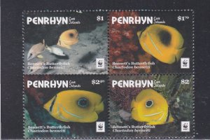 Penrhyn # 580, WWF - Bennets Butterflyfish, Block of Four, NH, 1/2 Cat.