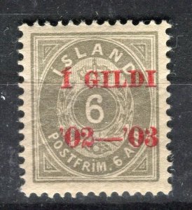 ICELAND; 1902-03 early ' 1 GILDI ' Optd. issue Mint hinged 6a. value