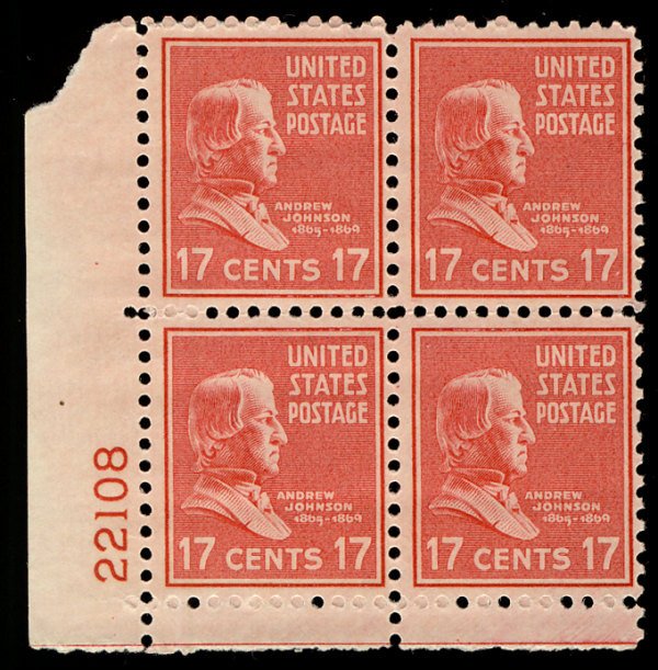 US #822 PLATE BLOCK, SUPERB mint never hinged, 17c Johnson, post office fresh...