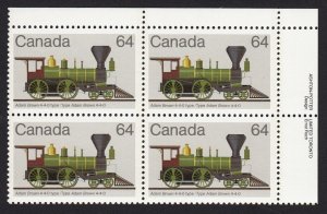 HISTORY = LOCOMOTIVES (1836-1860) = Canada 1983 #1002 UR PLATE Block of 4 MNH 