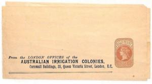 AH147 1880s GB STATIONERY *Australian Irrigation Colonies* Unused Wrapper PTS