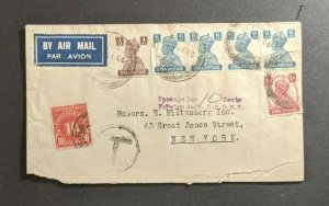 1946 India Airmail Cover to New York City NY Postage Due Aux Mixed Franking