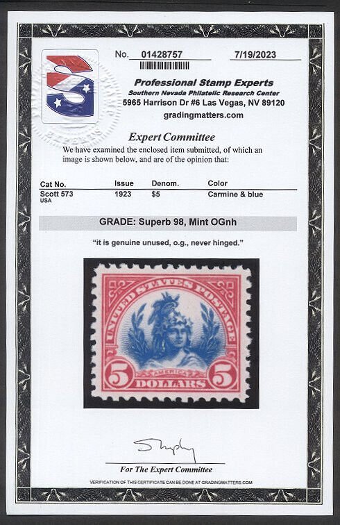 U.S. #573 Mint SUPERB NH GEM w/ Cert - 1922 $5.00 Carmine & Blue